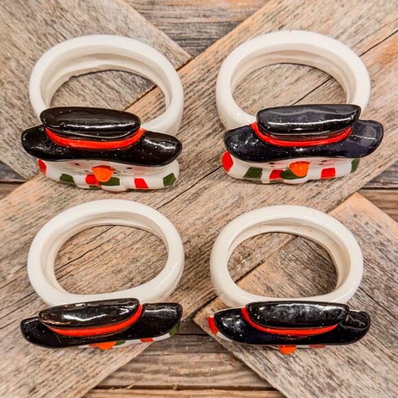 Set of 4, Ceramic Snowman Napkin Rings/Holders, Kitchen Christmas Holiday Decor - Picture 3 of 6